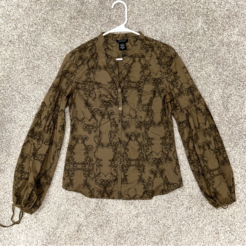 Calvin Klein Olive Green Brown Fitted Button Down Blouse Balloon Sleeves